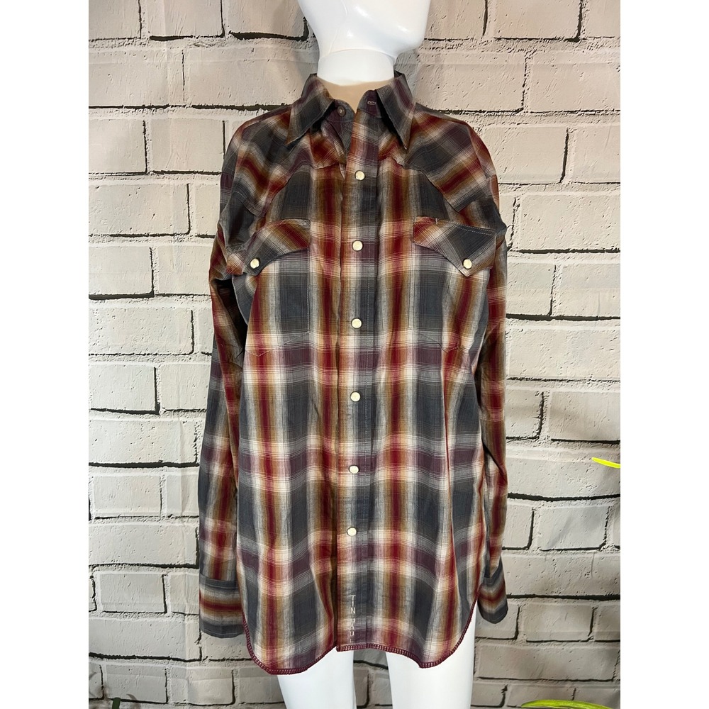 Tin Haul Mens Ombre Plaid Western Snap Shirt Grey Burgundy Small 10-01-062-745GY
